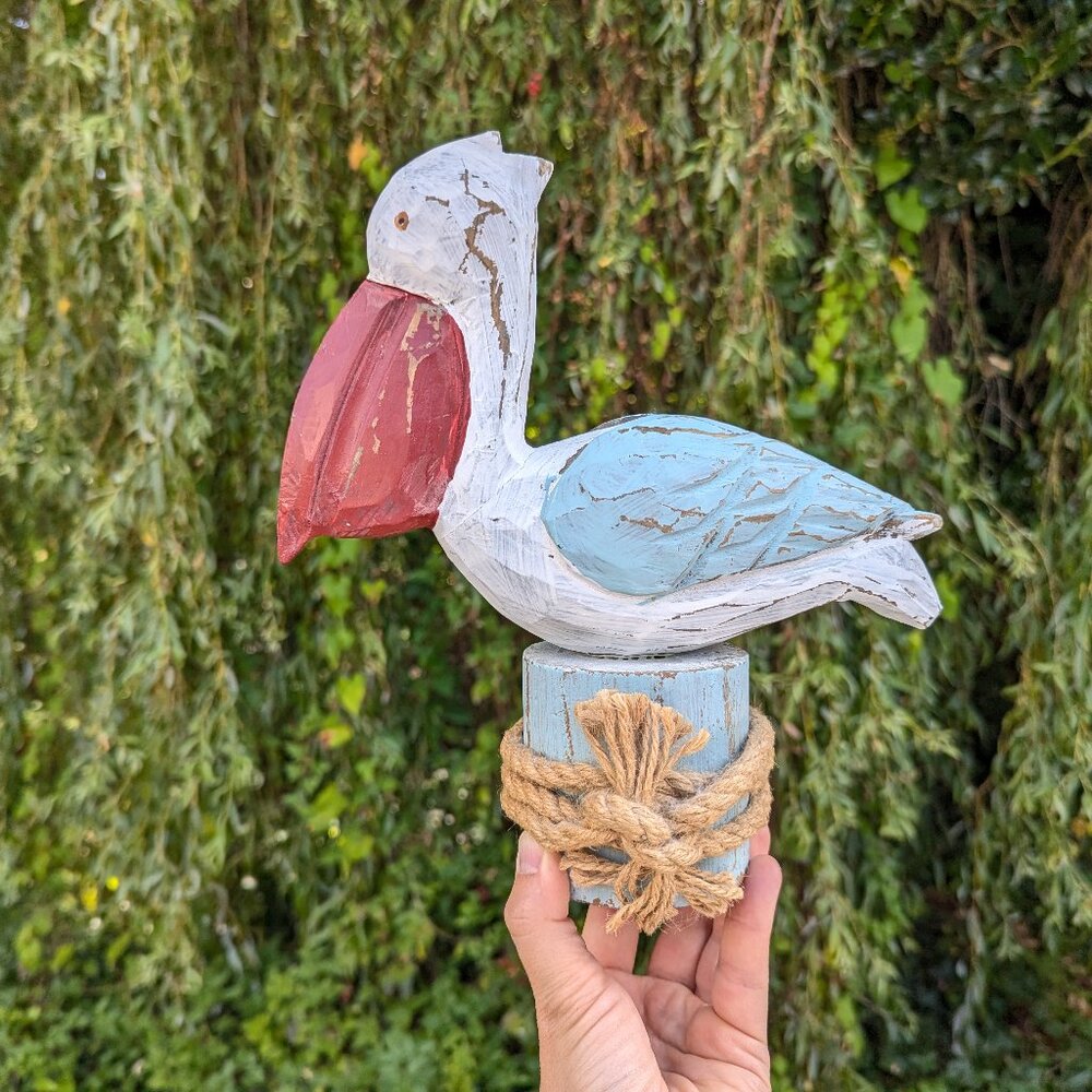 Distressed Wood Pelican sculpture, nautical Pine wood hand carved bird figurine